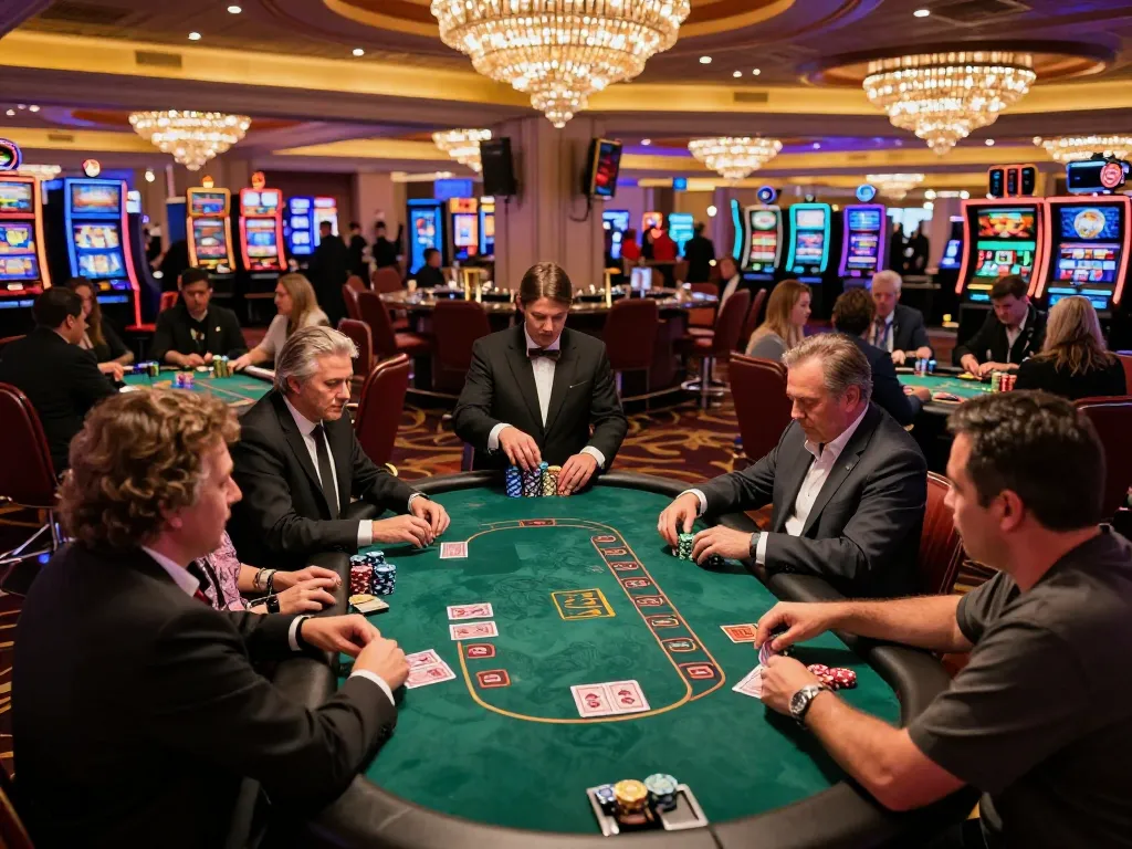 Engaged players at blackjack tables in a lively Las Vegas casino showcasing da88 betting strategies
