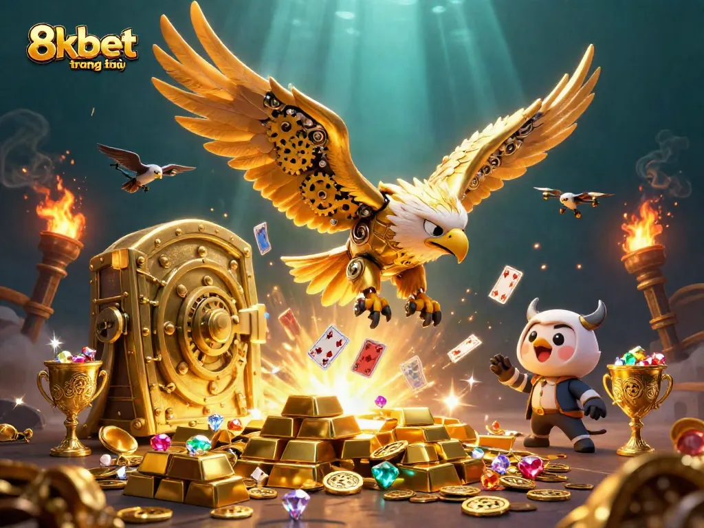 Engage with the vibrant 8xbet trang chủ, showcasing a 3D scene filled with gold and gaming elements.