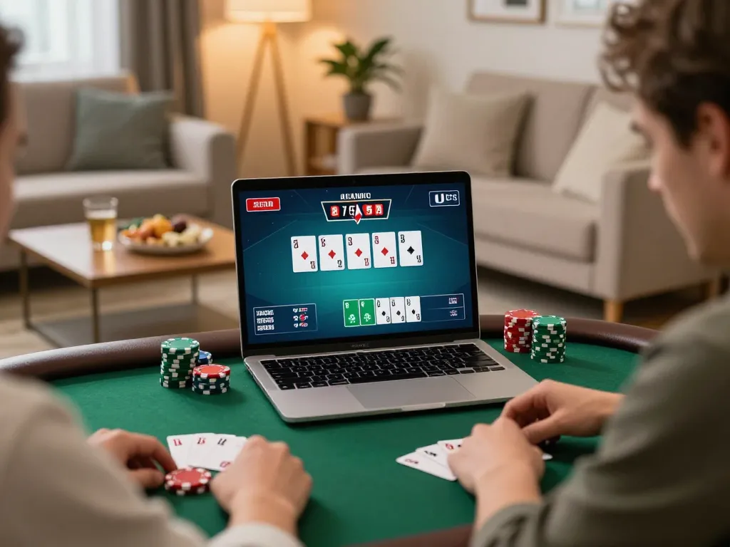 Players engaging in an online poker game at home with NK88 app interface showing cards and chips.