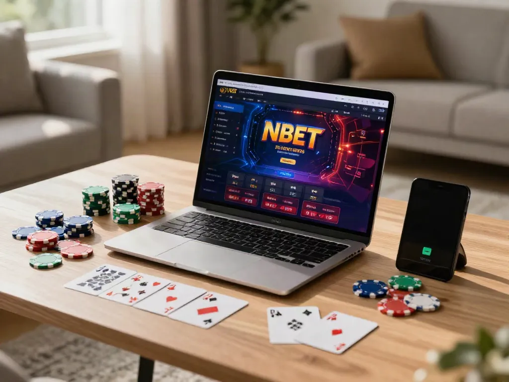 Engaging scene featuring NBET casino on laptop, surrounded by gaming accessories in a cozy home setting.