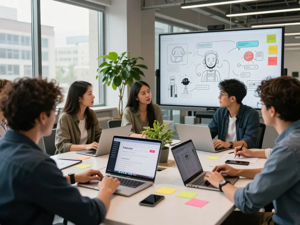 Collaborative developers discussing spicy chat ai features in a modern office.