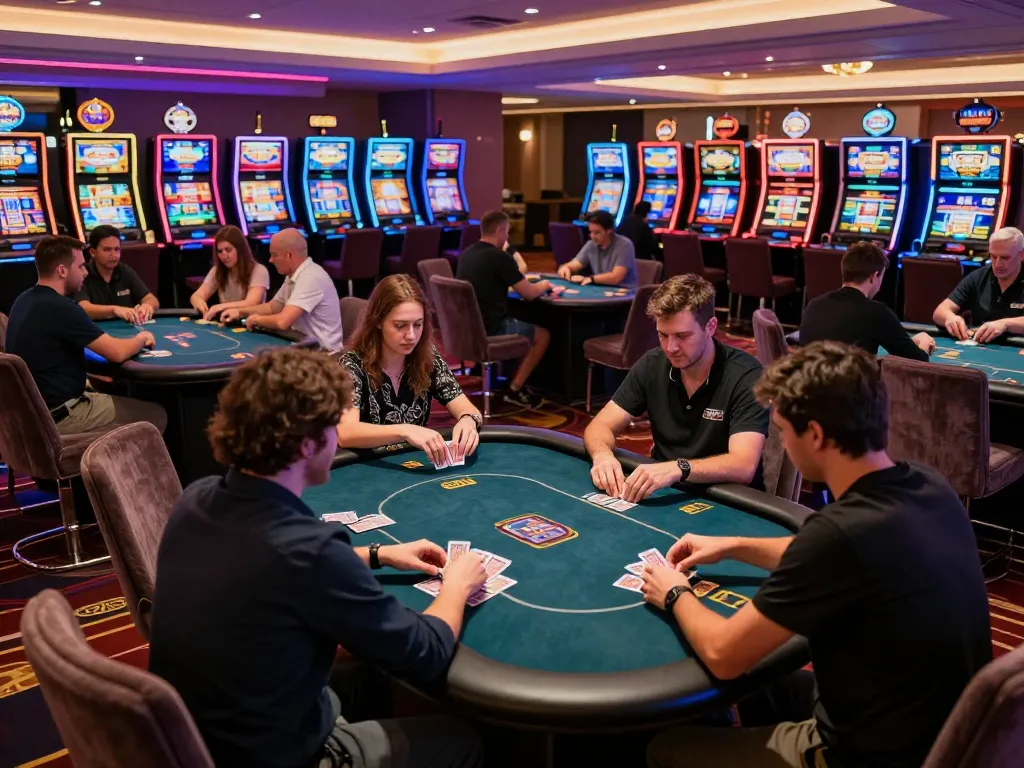 Players enjoying poker games at an upscale casino, portraying the engaging atmosphere of vipwin777.