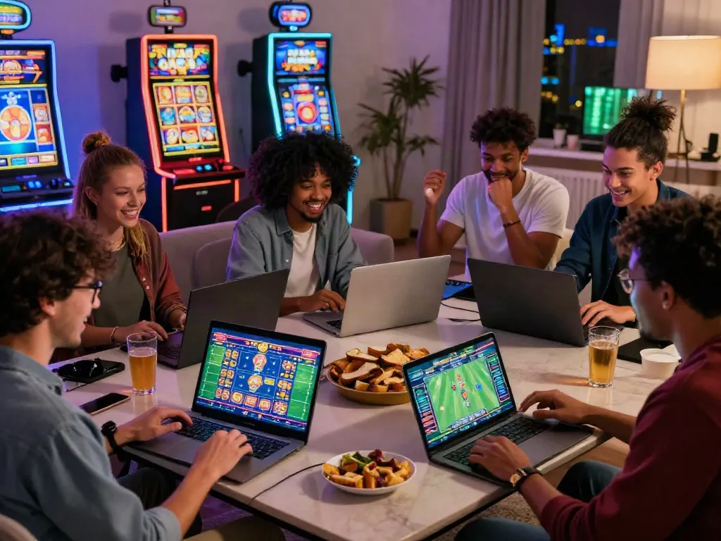 Friends enjoying online gaming experience with 1da88.it.com in a lively setting.