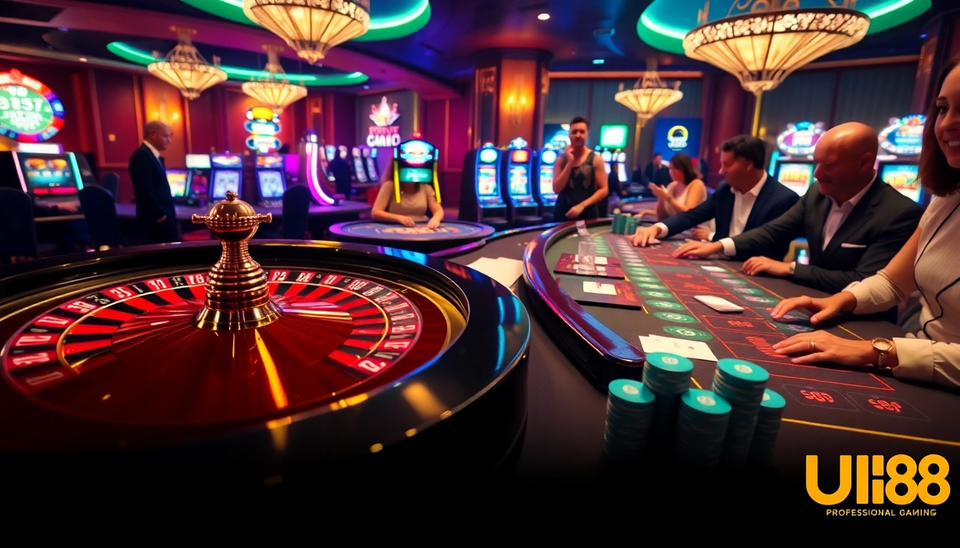 Players placing bets at UU 88's luxurious gaming table surrounded by vibrant casino elements.