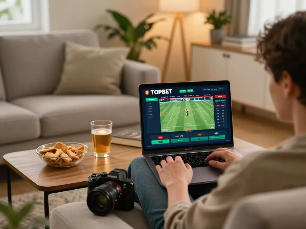 Engaging scene of sports betting on the TOPBET platform from a comfortable home setup.
