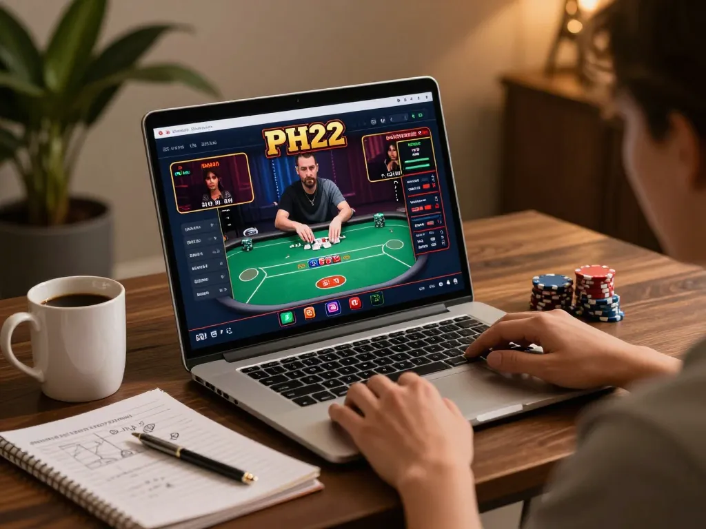 Player enjoying an intense poker game on the PH22 platform with coffee and strategy notes.