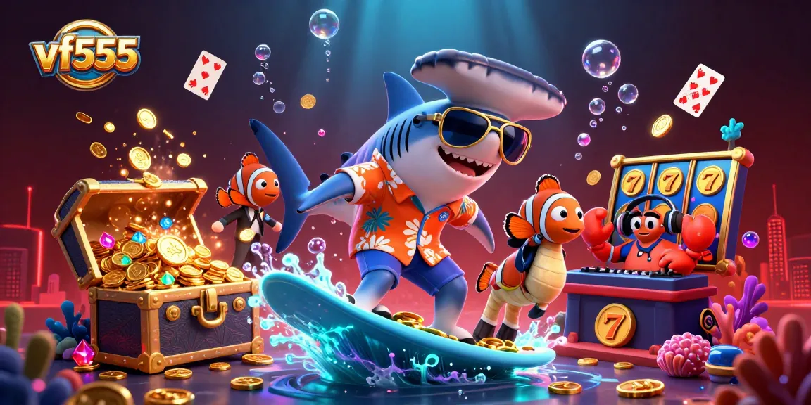 Spin and win with vf555's electrifying underwater casino adventure featuring animated characters and vibrant gaming elements.