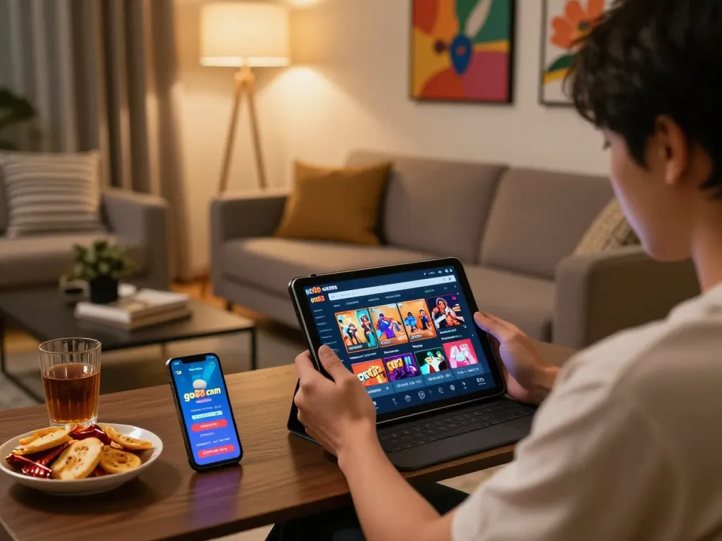 Engaged player using go88 com app for online gaming on a cozy couch, showcasing interactive casino experience.