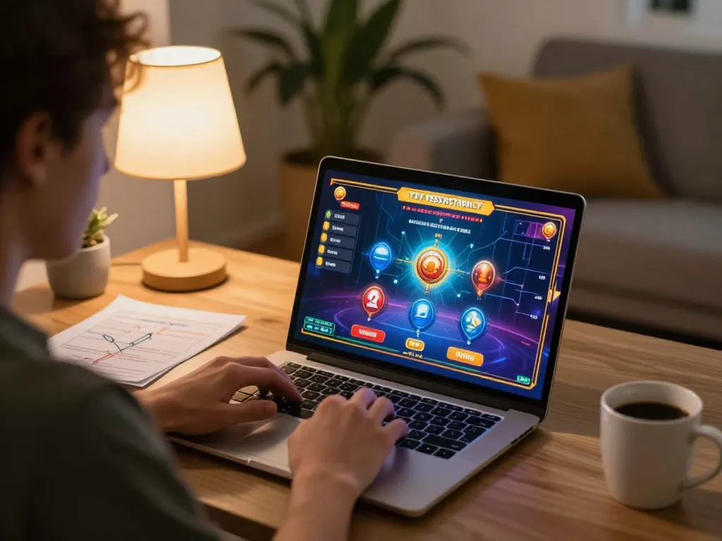 Player strategizing for online gaming on LC88, showcasing vibrant game interface and cozy environment.