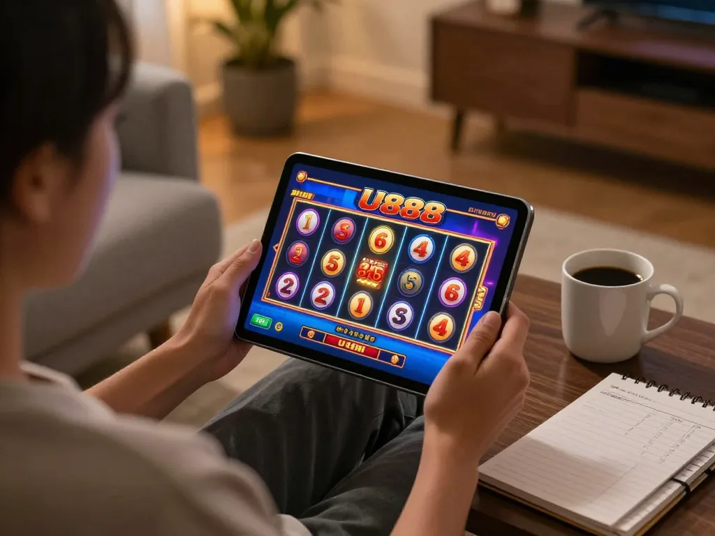 Engaging scene of a player enjoying U888 online slot games on a tablet in a cozy home setting