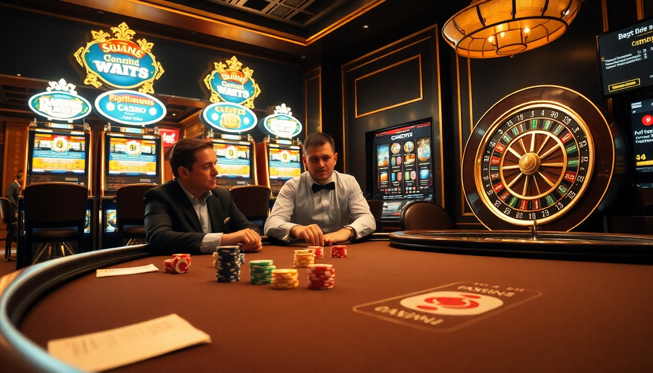 Players enjoying thrilling games at https://s8s.reviews/ casino, with poker chips and roulette wheel prominently featured.