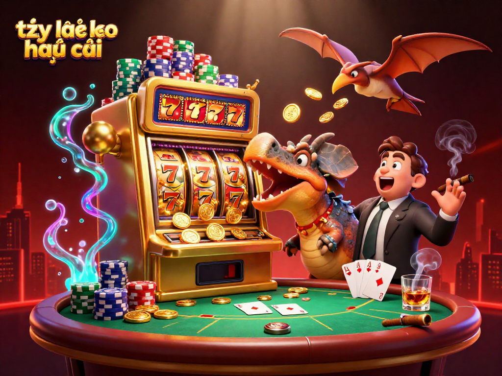 Engage with tỷ lệ kèo nhà cái as dinosaurs create chaos in a vibrant casino scene.