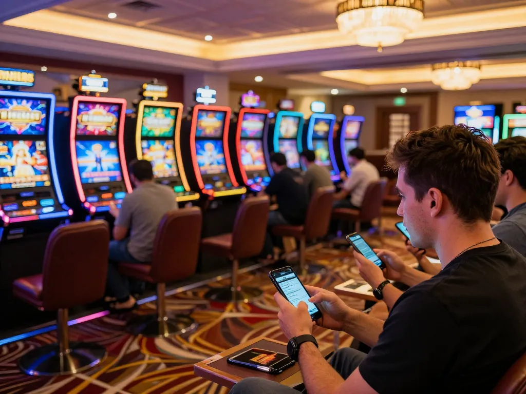 Engaged players enjoying MM88 online games on their smartphones in luxurious casino setting.