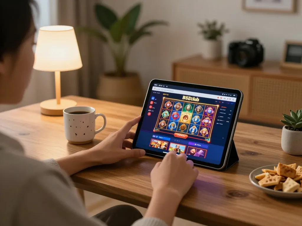 B52club player engaging in thrilling online slots from a cozy home setup with snacks and warm lighting