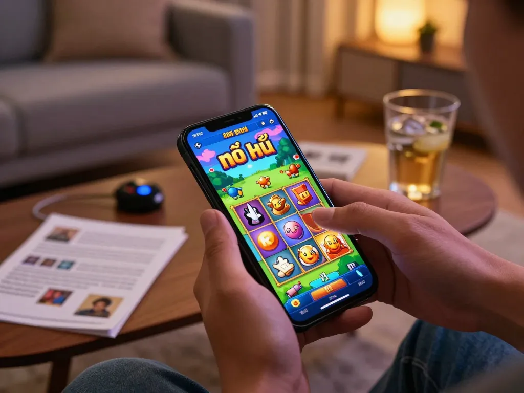 Engaging in game nổ hũ on mobile, showcasing vibrant graphics and an inviting atmosphere
