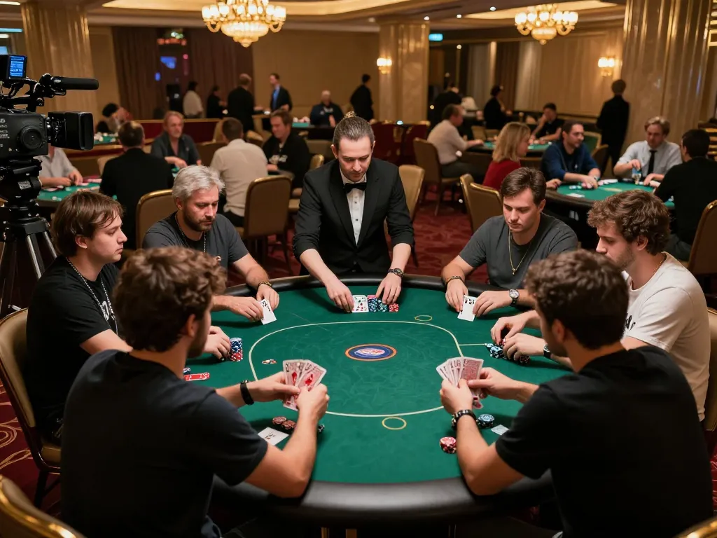 Engage in a thrilling poker tournament at man88a, showcasing players immersed in strategy with vibrant casino ambiance.
