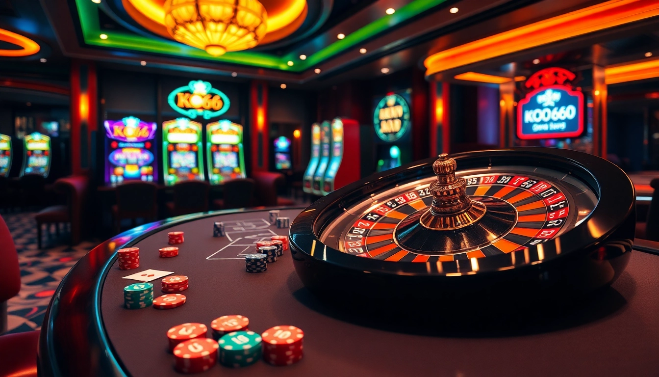 Trải nghiệm sự hồi hộp của việc đánh bạc tại KO66 với những bàn casino sống động đầy chip và thẻ bài.