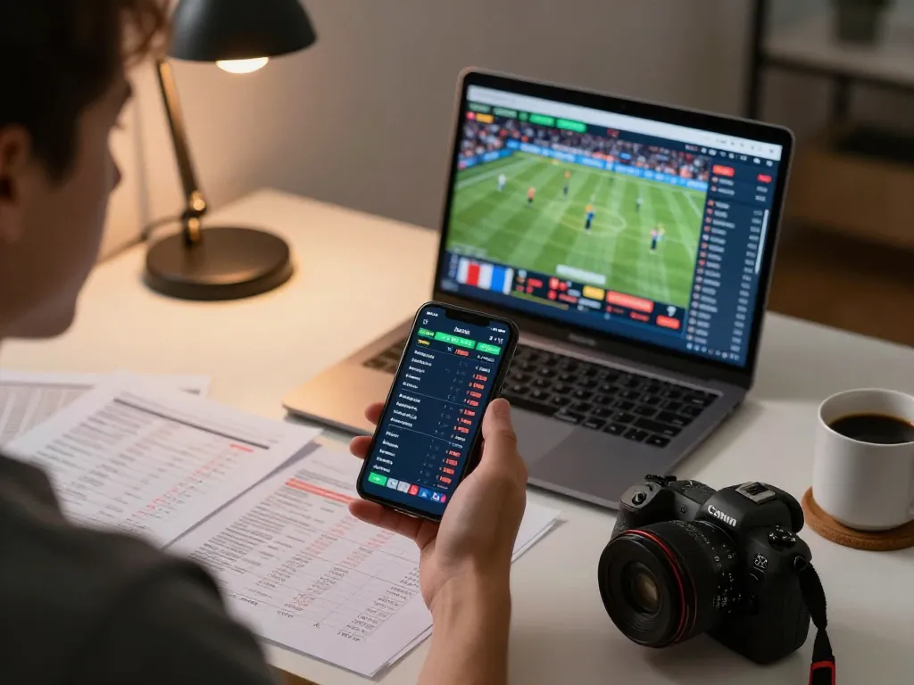 Player engaging in sports betting on Fly88 using smartphone in a stylish home office.