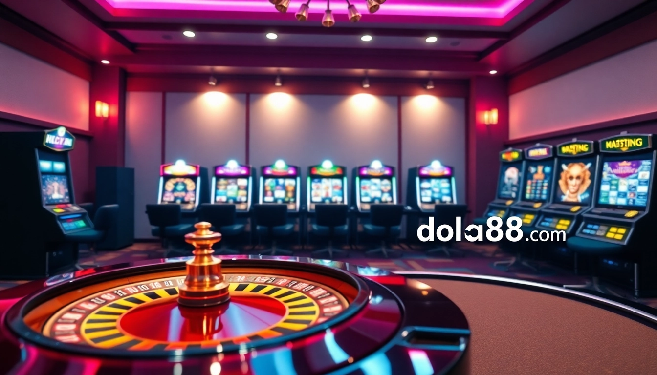 A dynamic gambling scene with poker chips, a roulette wheel, and references to https://dola88vn.com/ for an engaging experience.