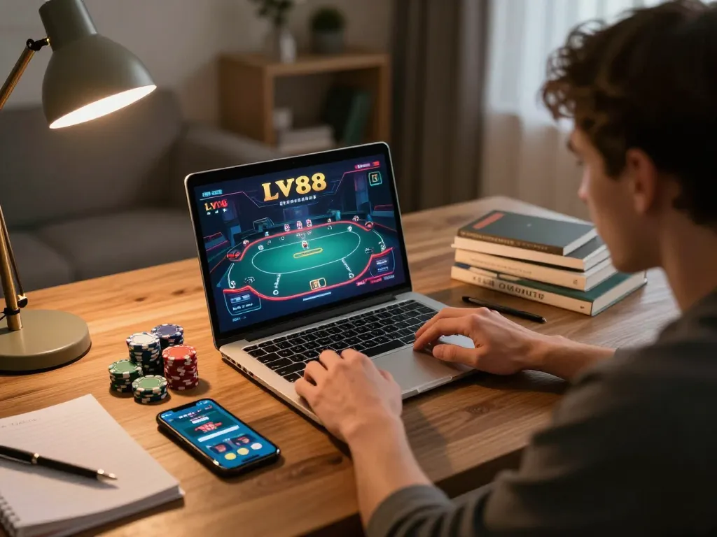 Player enjoying an intense LV88 poker session on a laptop, showcasing focused strategy and vibrant gameplay.