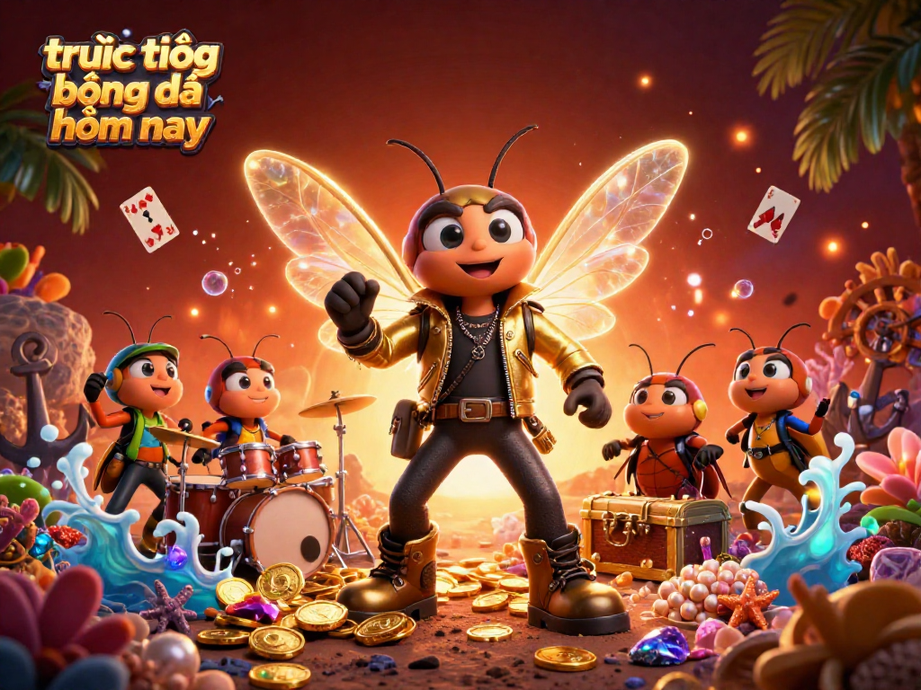 Enjoy the action of trực tiếp bóng đá hôm nay with a thrilling casino-themed illustration featuring a vibrant rock star cicada band.