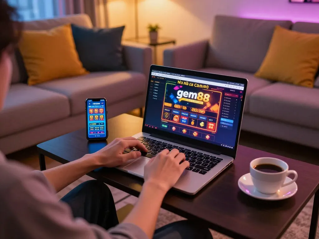 Player enjoying interactive gaming at nhà cái gem88 on a laptop in a cozy home setting.