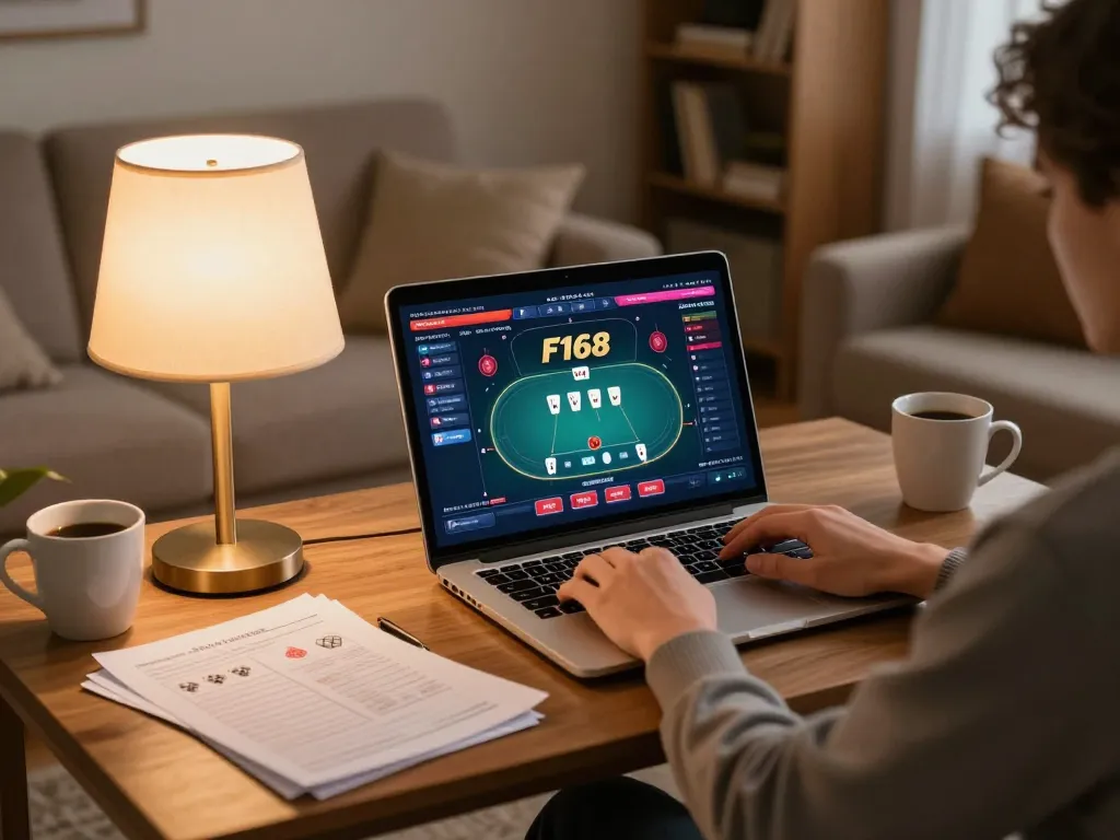 Player engaging with the F168 poker game on a laptop at home, enhancing online gambling experience.
