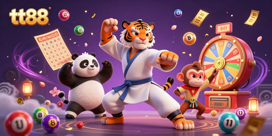 Engage with TT88's vibrant gaming scene featuring a kung fu tiger, panda, and monkey amidst lottery elements.