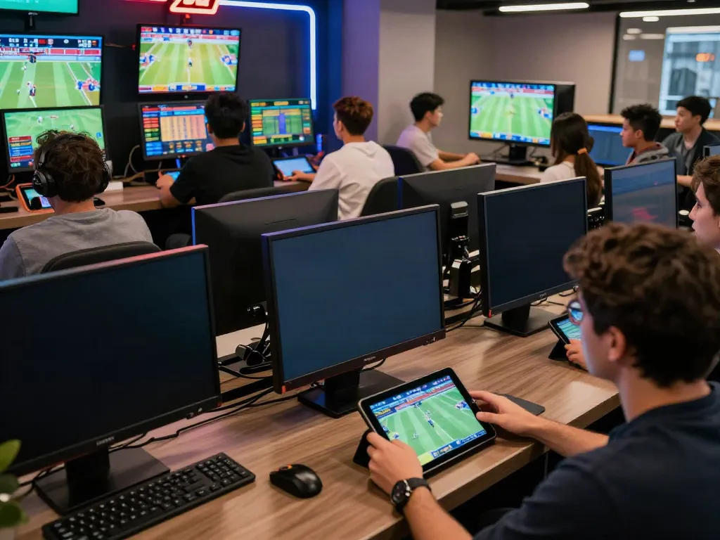 Engaged players at ZBET, enjoying online betting on smartphones with vibrant sports graphics