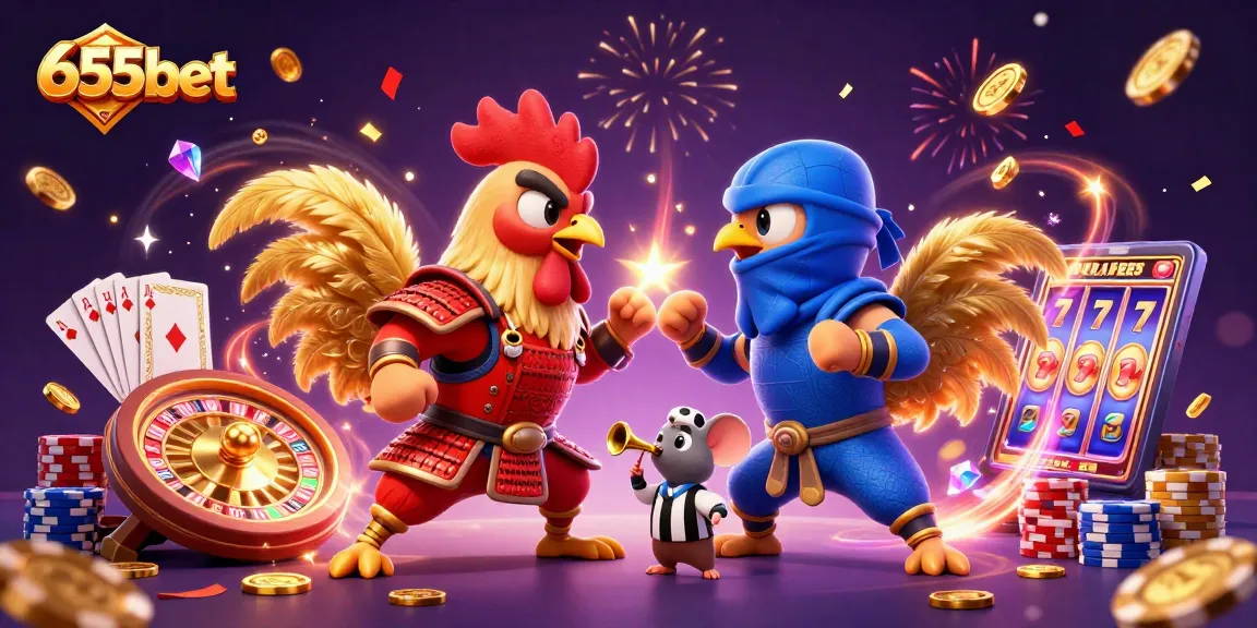 Engage with 655bet's exciting casino scene featuring dynamic roosters and vibrant game elements.