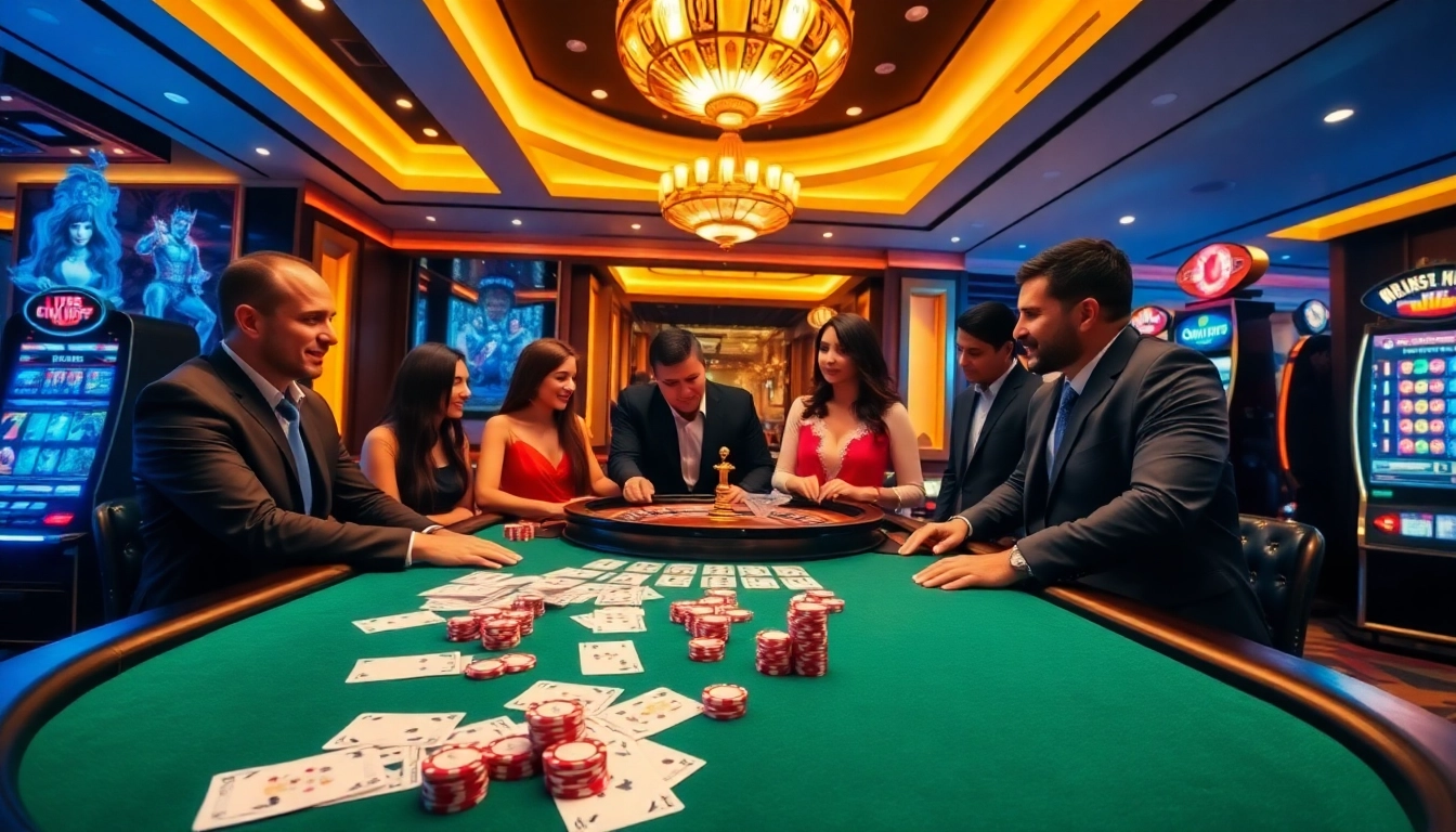 Players enjoying a thrilling game at https://58winvn.us.com/ with a luxurious casino atmosphere.