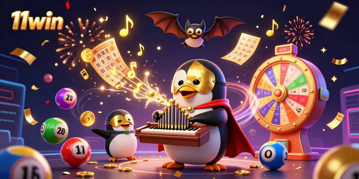 Engage with 11win's thrilling casino world, featuring a triumphant penguin at a vibrant lottery celebration.