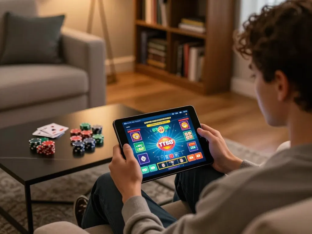 Engaging with TT88 online casino games on a tablet in a cozy living room setting