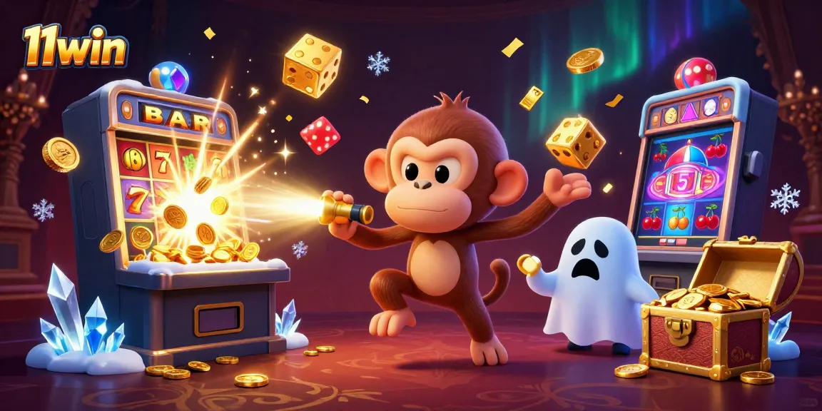 Engage in thrilling gaming with 11win's vibrant haunted casino scene featuring playful ghosts and jackpots.