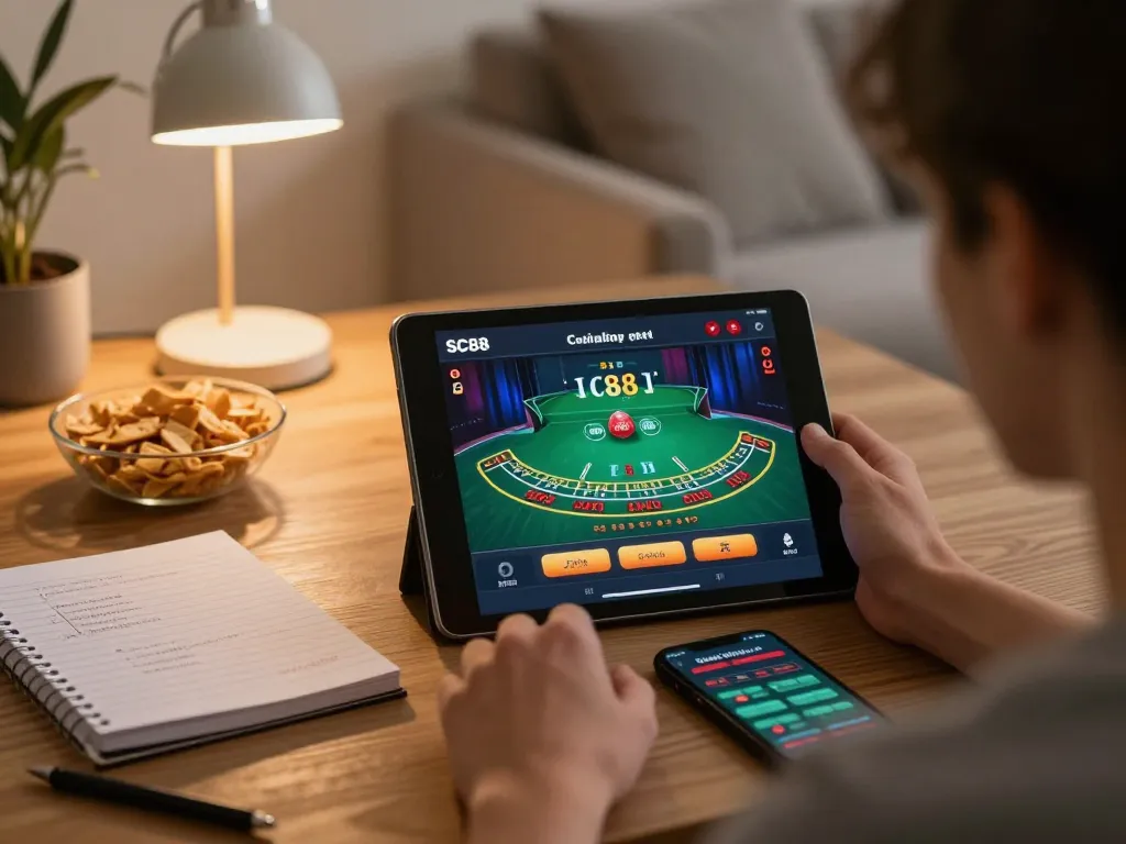 Engaging gameplay on SC88 mobile app during cozy home gambling session with live dealer blackjack.