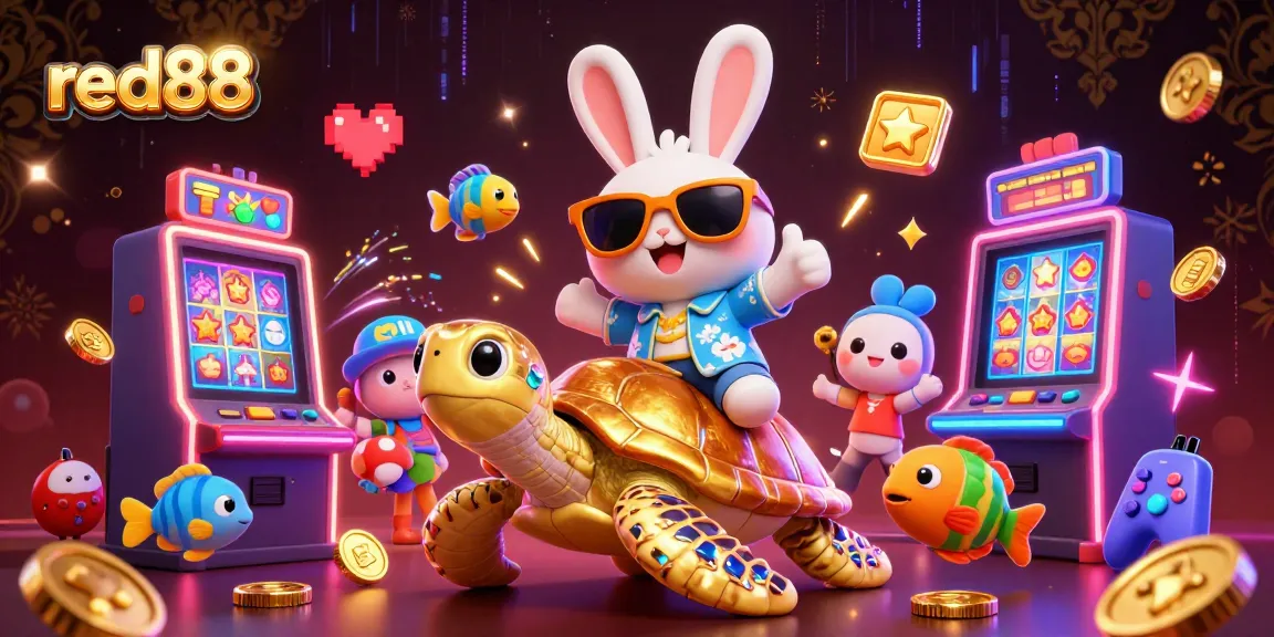 Engage with red88's vibrant casino atmosphere showcasing a lucky rabbit and turtle amidst slot machines.