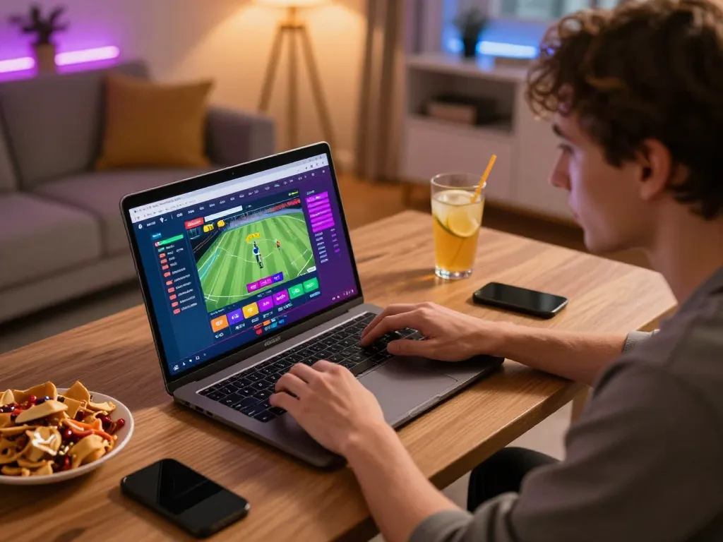 Player engaging with 78win online betting platform at home with vibrant screen interface.
