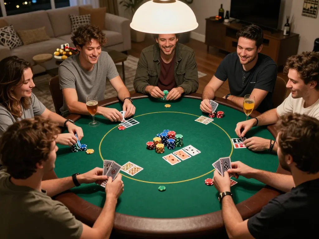 Enjoying a poker night with friends around a green felt table at https://98win9.co.com/, vibrant atmosphere with poker chips and cards.