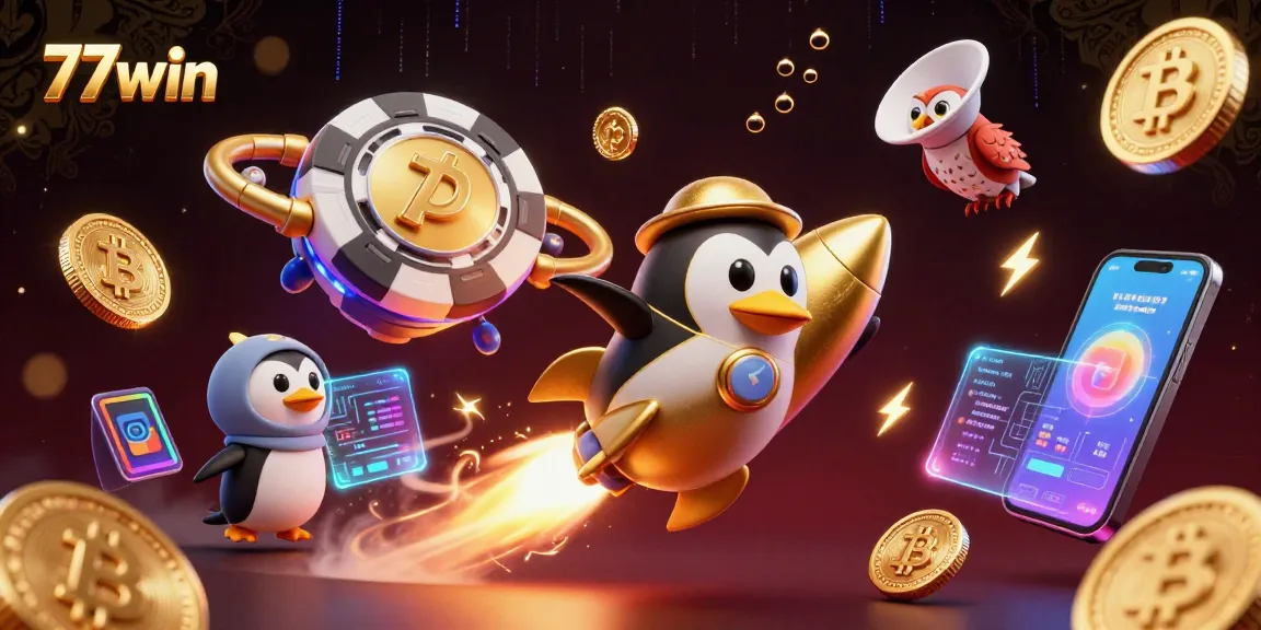 Engage with 77win's thrilling casino experience through vibrant 3D illustration featuring a golden penguin and casino elements.