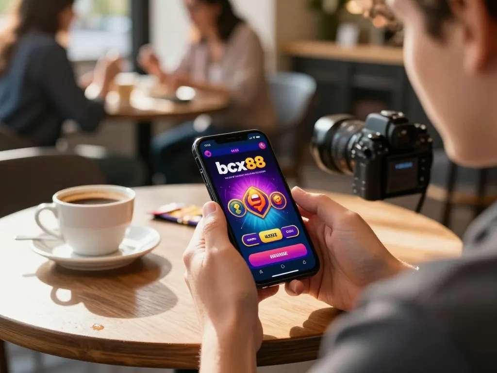 Engaging user playing bcx88 casino app on smartphone at café, emphasizing mobile gaming