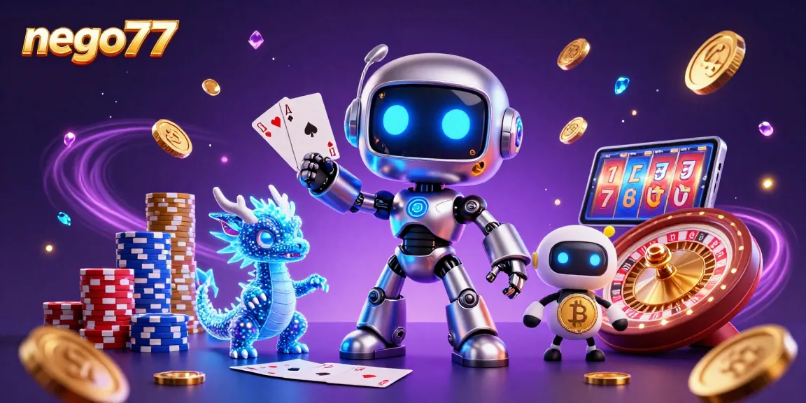 Nego77 showcases a vibrant 3D casino illustration featuring a cyberpunk robot, magical elements, and casino games.