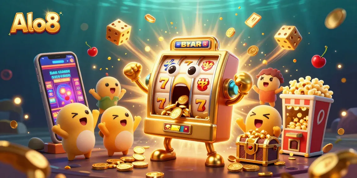 Alo8 slot machine hitting a jackpot amidst a flurry of coins and game symbols