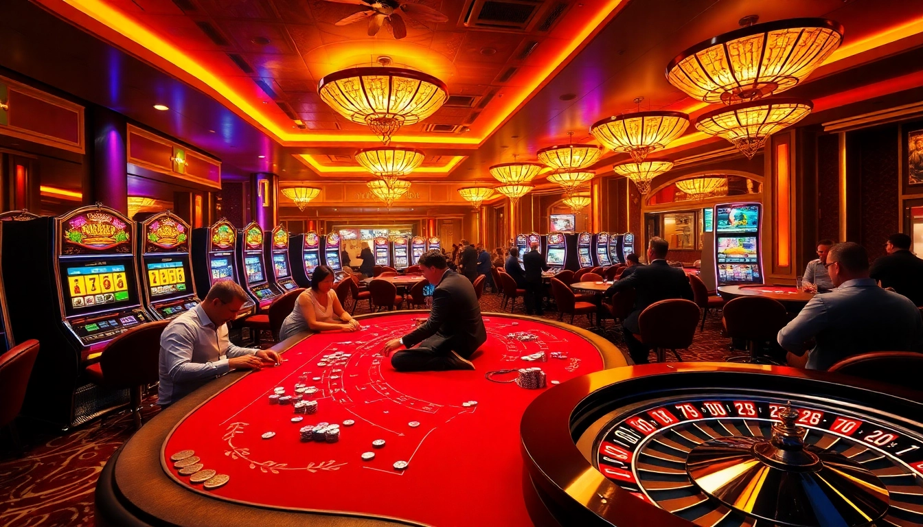 Players enjoying a thrilling poker game at mb66 casino, surrounded by vibrant slot machines and roulette wheels.
