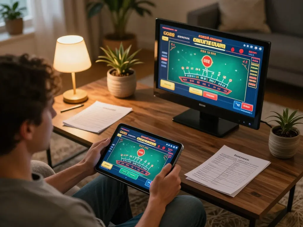 GG88 player engaging with live dealer blackjack in a cozy home setting, enhancing gaming strategy