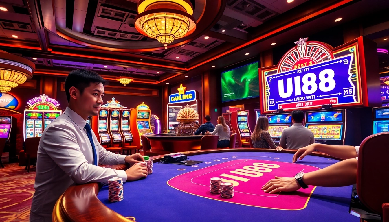 Engage in an exciting poker game at UU88 casino, showcasing vibrant poker chips and digital betting interfaces.