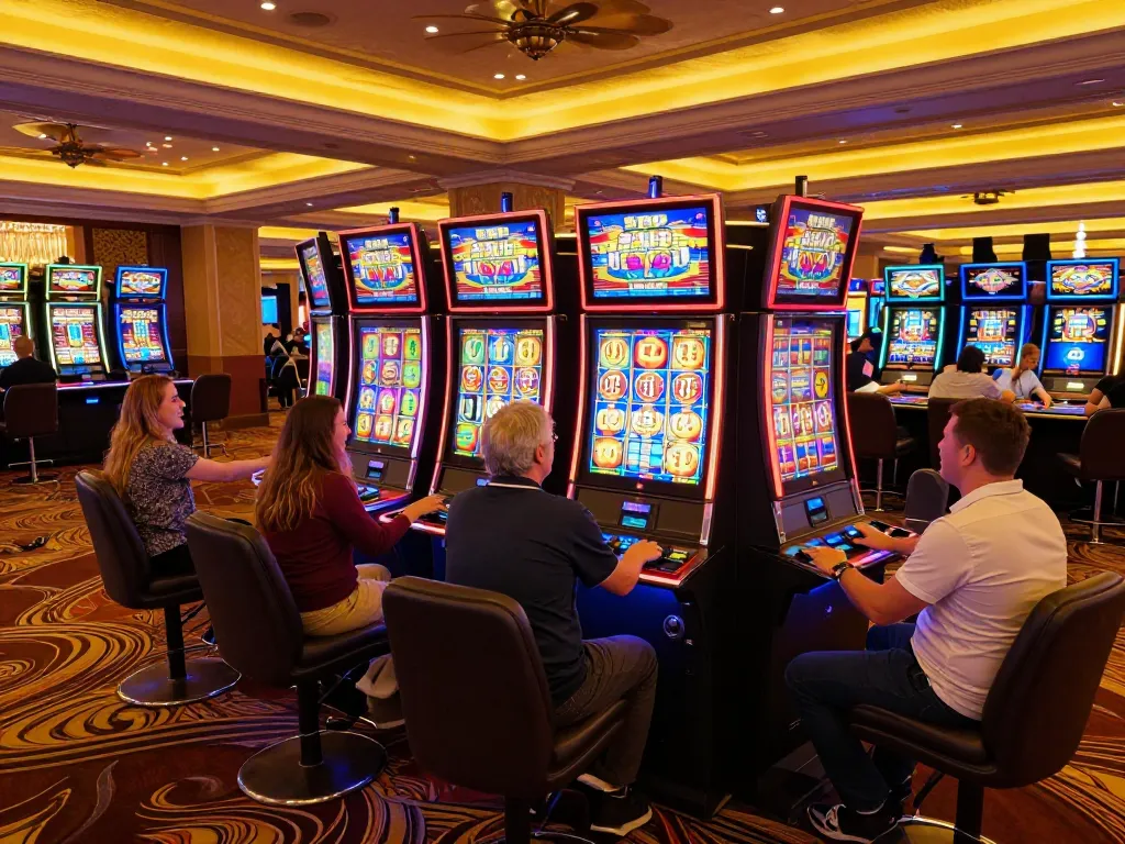 Players enjoying interactive slot machines at ta88ac casino, showcasing vibrant gaming atmosphere and excitement