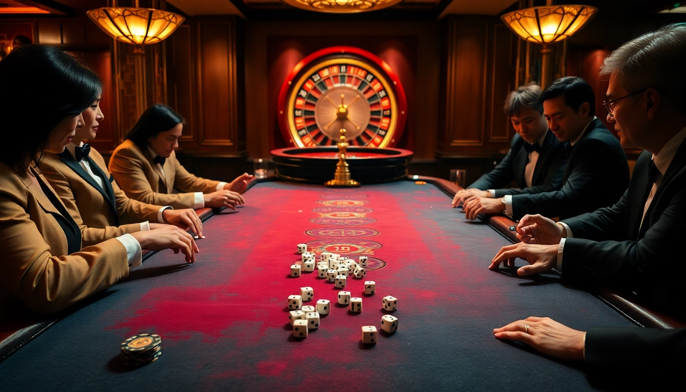 Players engaging in tai xiu at a luxurious casino gaming table, showcasing excitement and strategy.