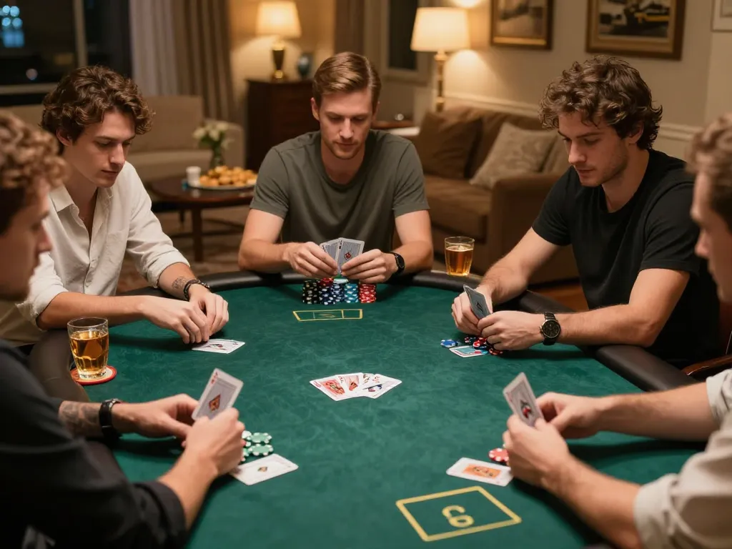 Players strategizing at the GO8 poker table, showcasing their cards and chips in a cozy atmosphere.