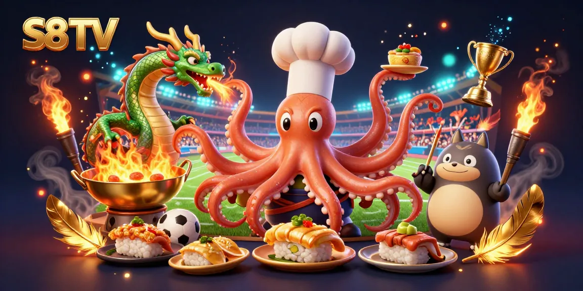 S8 TV showcases an ultra-detailed 3D illustration of a dynamic sports betting scene with an octopus chef.