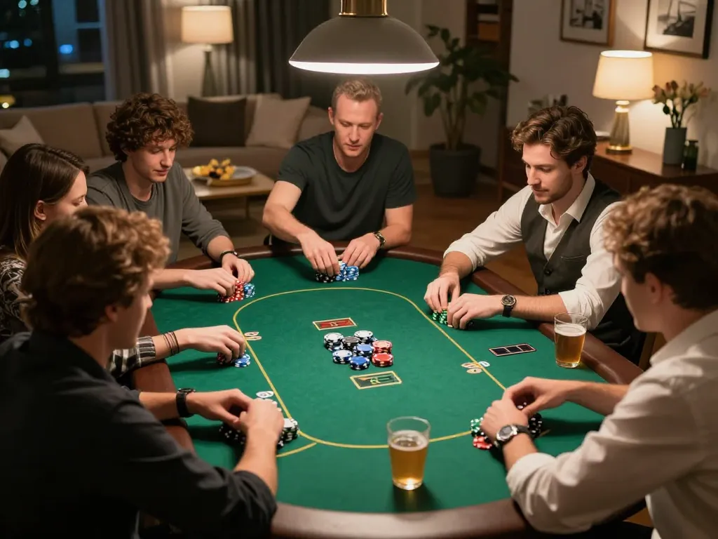 xx88 players strategizing around a luxurious poker table in a cozy home game night atmosphere